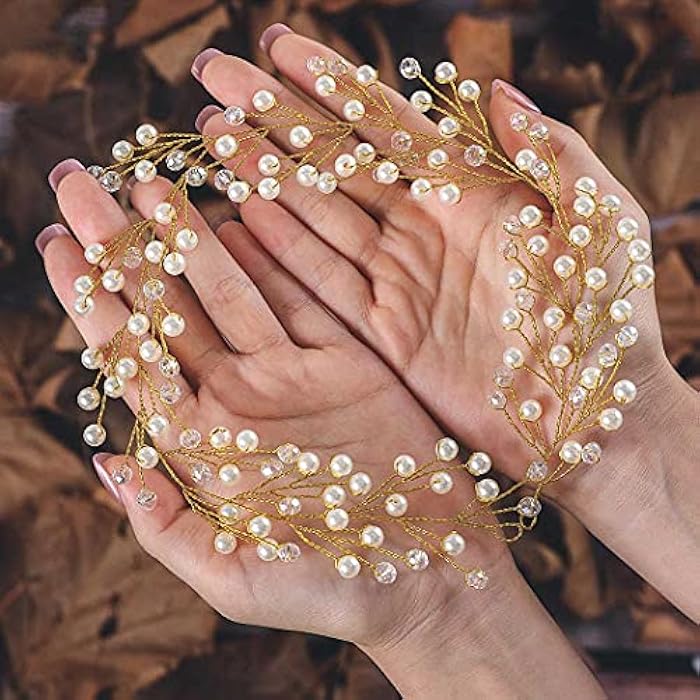 Unicra Bride Wedding Pearl Hair Vines Crystal Babys Breath Headpieces Wedding Hair Accessories for Women and Girls (Gold) - Image 4